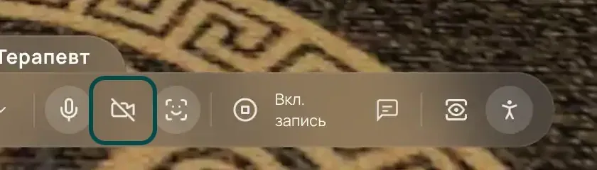 Панель внизу экрана, выделена кнопка «Вкл. камеру» с перечёркнутым значком камеры